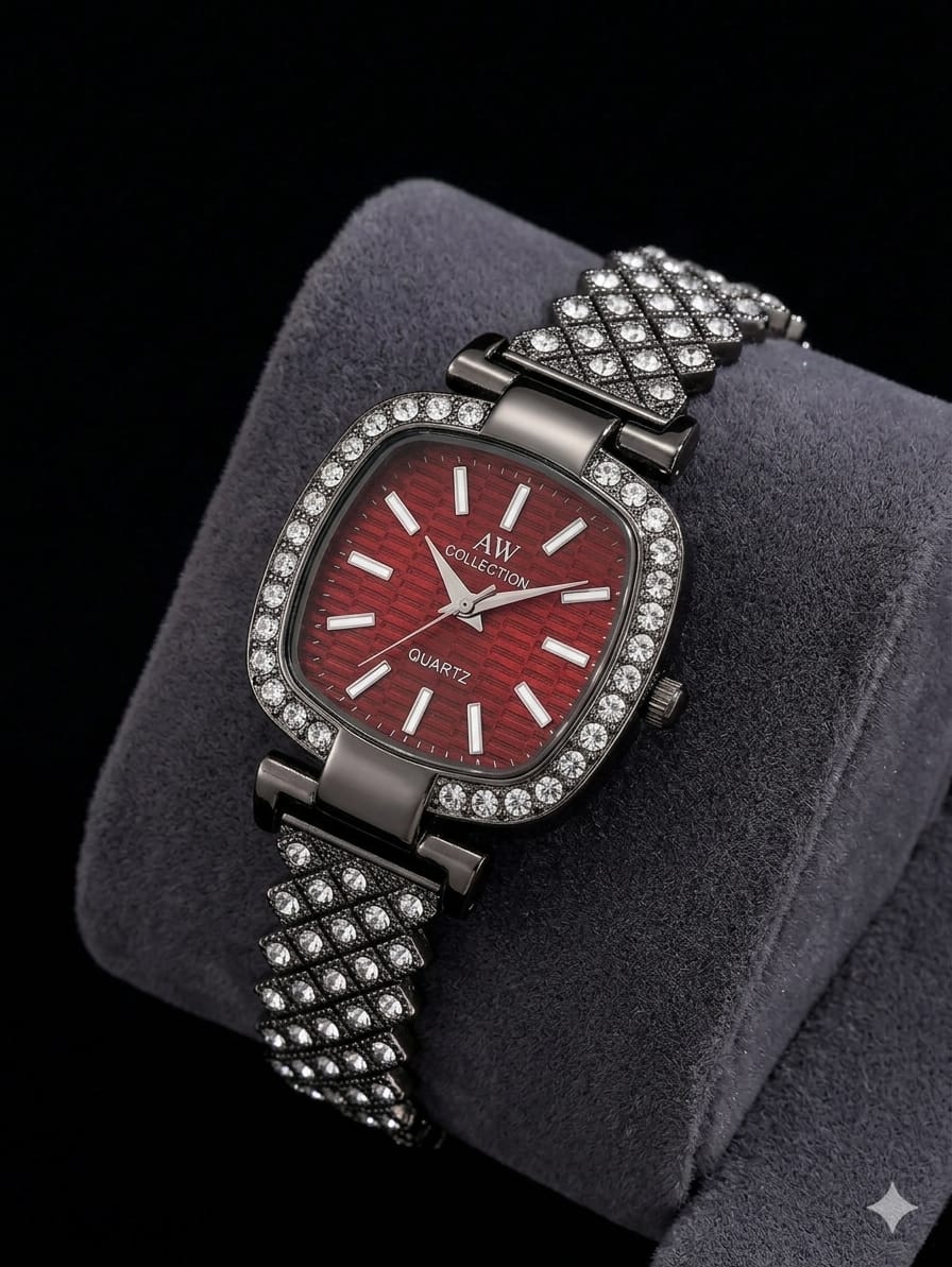 Square dial iced ladies watch