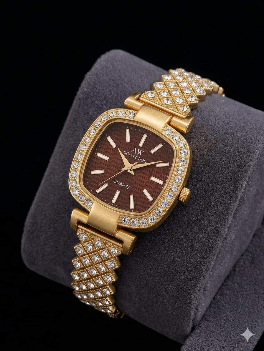 Square dial iced ladies watch