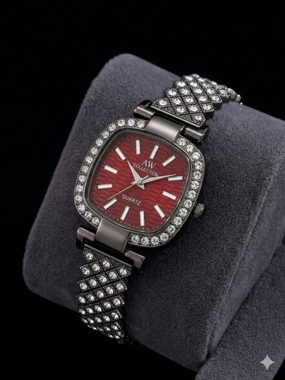 Square dial iced ladies watch